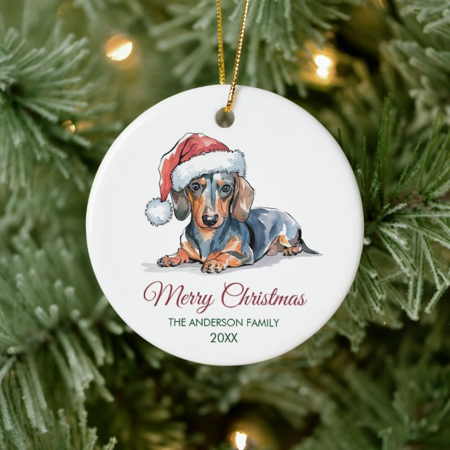 Personalized Dachshund in Santa Hat Christmas      Julgransprydnad Keramik (Träd)
