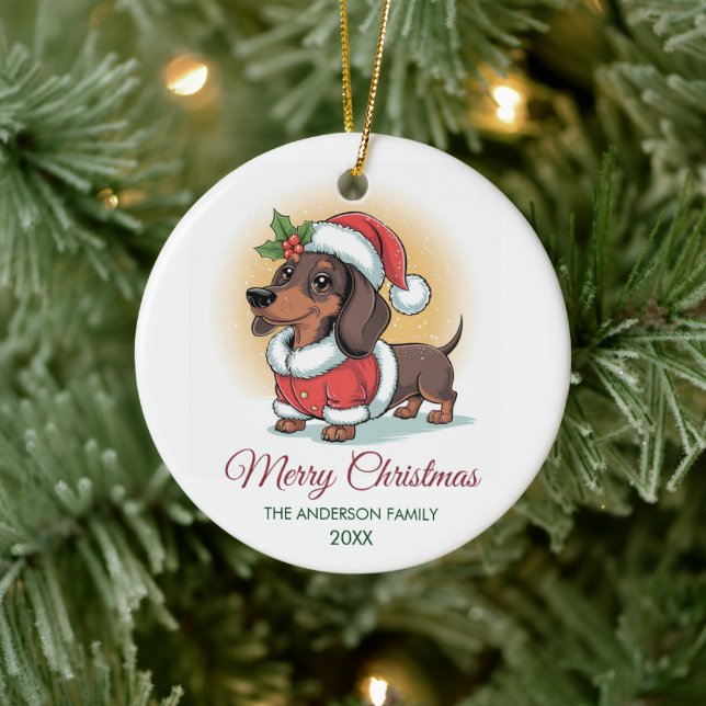 Personalized Dachshund in Santa Hat Christmas      Julgransprydnad Keramik (Träd)