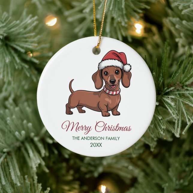 Personalized Dachshund in Santa Hat Christmas      Julgransprydnad Keramik (Träd)