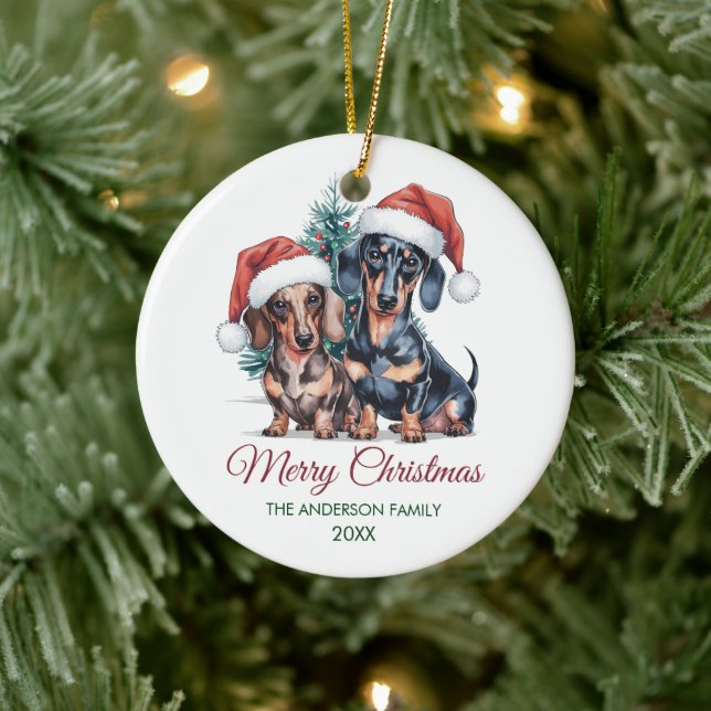 Personalized Dachshund in Santa Hat Christmas      Julgransprydnad Keramik (Träd)