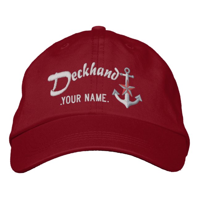 Personalized Deckhand Nautical Anchor Name White Broderad Keps (Framsida)
