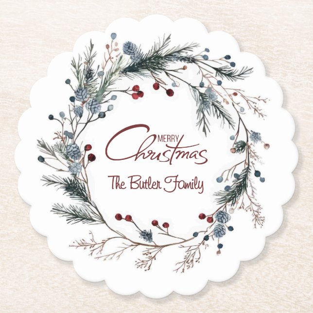 Personalized Delicate Christmas Floral Wreath Underlägg Papper (Framsida)