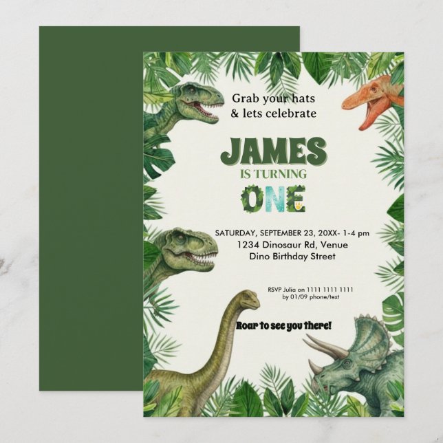 Personalized Dino 1st Birthday Invitation Suite Inbjudningar (Fram/baksida)