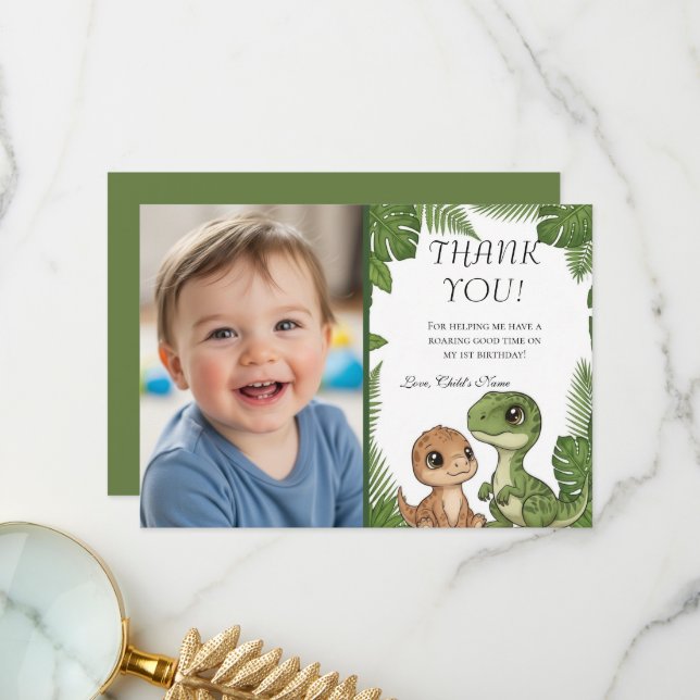 Personalized Dino 1st Birthday Photo Thank You Car Tack Kort (Fram/Back In Situ)