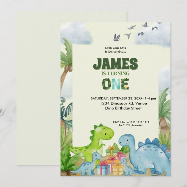 Personalized Dinosaur 1st Birthday Invitation Inbjudningar (Fram/baksida)