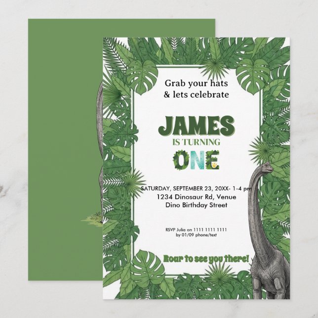 Personalized Dinosaur 1st Birthday Invitations Inbjudningar (Fram/baksida)