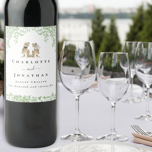 Personalized Dinosaur Bride & Groom Wedding Vinflaska Etikett (T-Rex bride and groom dinosaur wedding custom wine labels Watercolor eucalyptus foliage T-Rex couple)