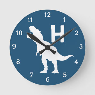 Personalized Dinosaur Kids Wall Clock Blue T-Rex Rund Klocka