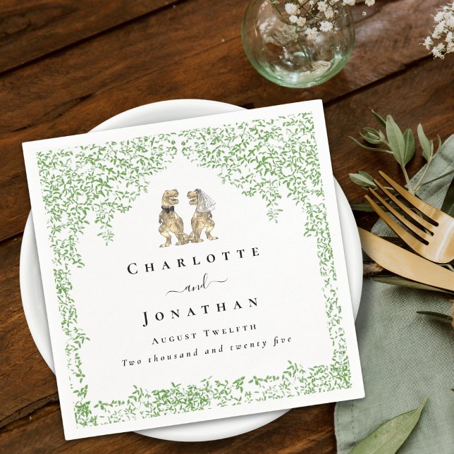 Personalized Dinosaur Wedding Pappersservett (Personalized dinosaur T-Rex bride and groom wedding napkins Watercolor Jurassic eucalyptus foliage)