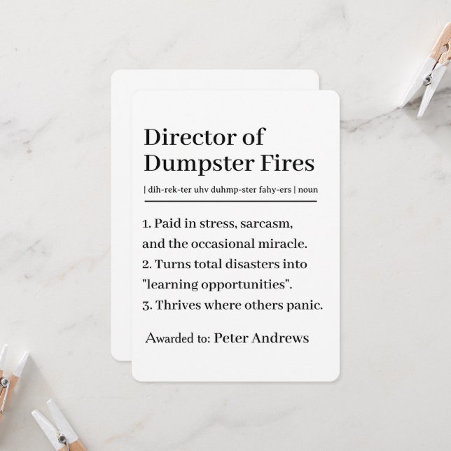 Personalized Director of Dumpster Fires Card Inbjudningar (Fram/Back In Situ)
