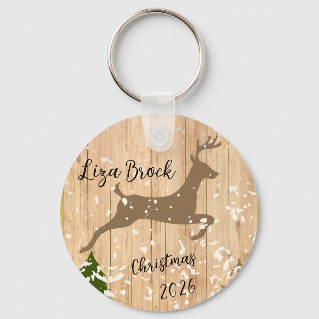Personalized doe Christmas bauble wooden backgroun Nyckelring (Framsida)