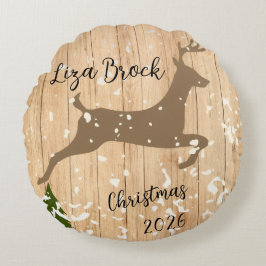 Personalized doe Christmas bauble wooden backgroun Rund Kudde