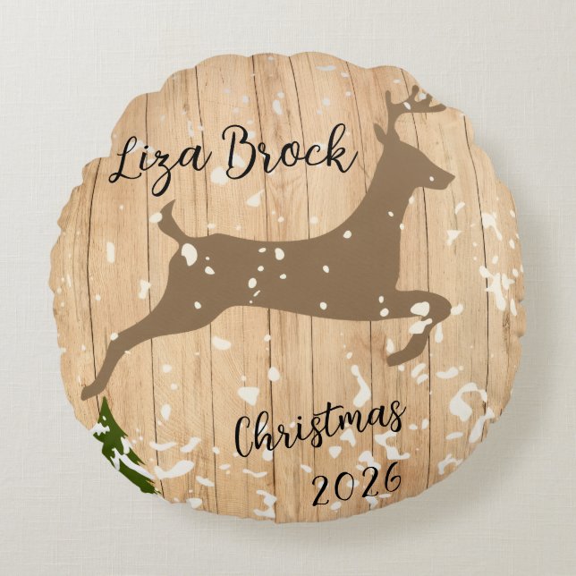 Personalized doe Christmas bauble wooden backgroun Rund Kudde (Framsidan)