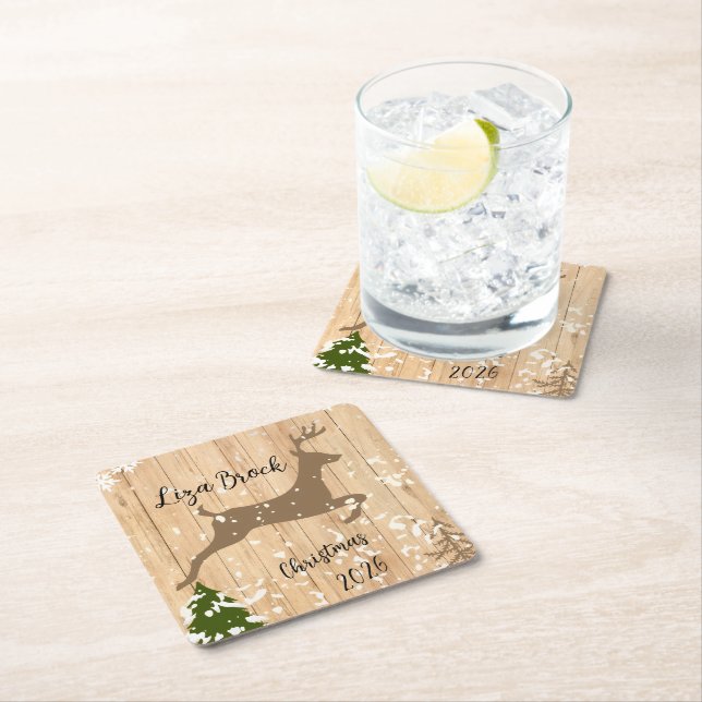 Personalized doe Christmas bauble wooden backgroun Underlägg Papper Kvadrat (Insitu)