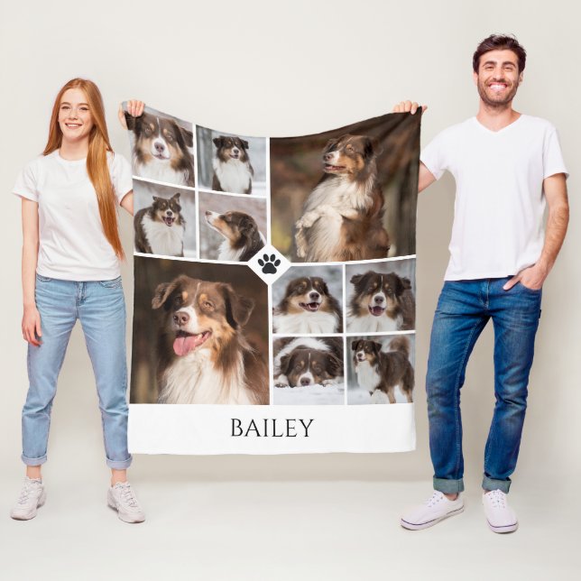 Personalized Dog Photo Collage Paw Print Name Fleecefilt (På plats)