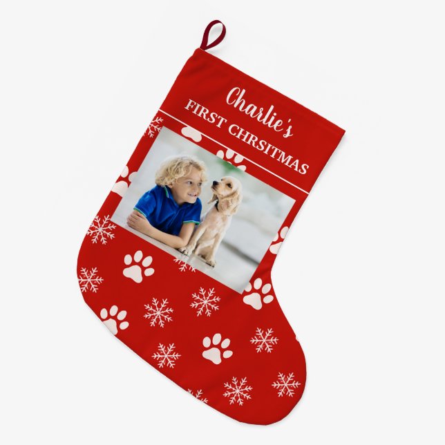 Personalized Dog Photo Name First Christmas Dog Stor Julstrumpa (Framsidan (Hängande))
