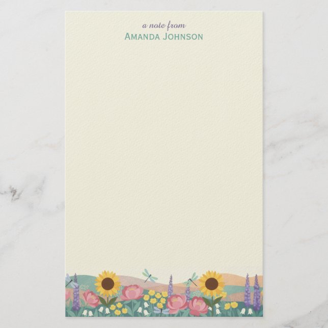 Personalized Dragonfly Flower Field Custom Name Brevpapper (Framsida)