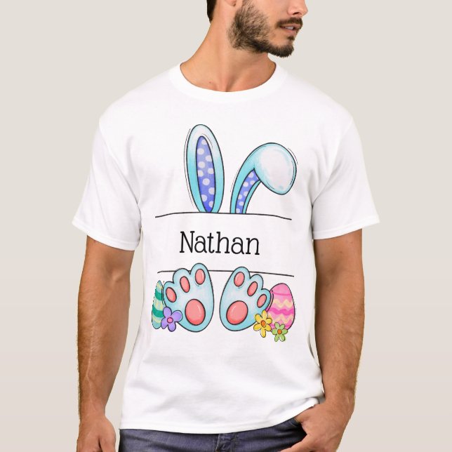 Personalized Easter Bunny Name Pastel Art blue T Shirt (Framsida)