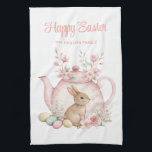 Personalized Easter Bunny Teapot Family  Kökshandduk<br><div class="desc">Celebrate Easter with this cute personalized kitchen towel featuring a sweet bunny peeks from a pink floral teapot,  surrounded by pastel Easter eggs. Customize with your family name for a special touch.</div>