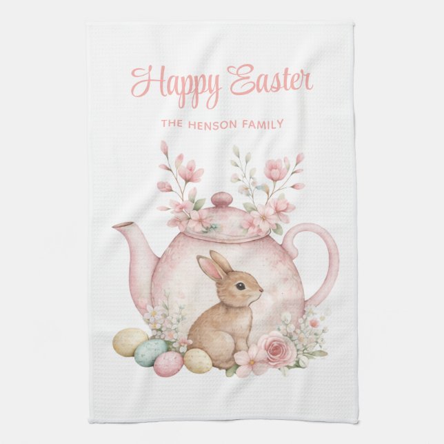 Personalized Easter Bunny Teapot Family  Kökshandduk (Vertikal)