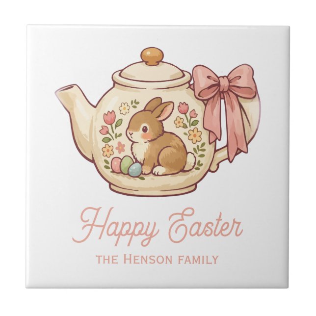Personalized Easter Bunny Teapot Floral  Kakelplatta (Framsidan)