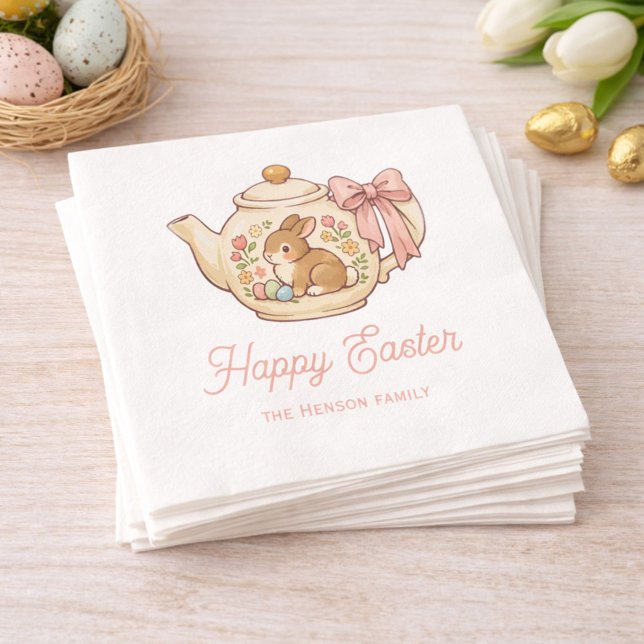 Personalized Easter Bunny Teapot Floral Party Pappersservett (Skapare uppladdad)