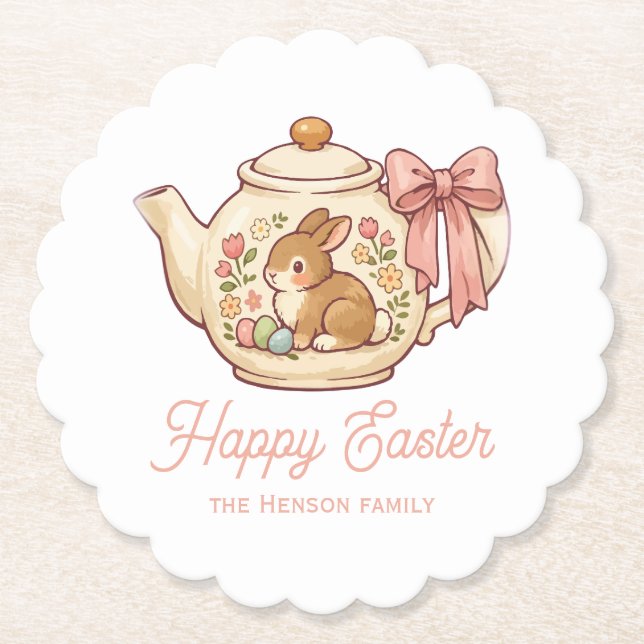 Personalized Easter Bunny Teapot Floral Party Underlägg Papper (Framsida)