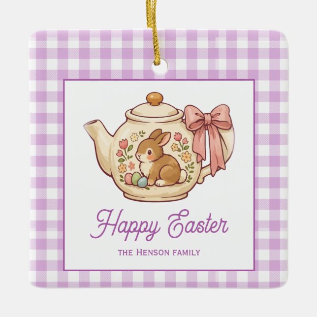 Personalized Easter Bunny Teapot Gingham Family Julgransprydnad Keramik (Framsida)