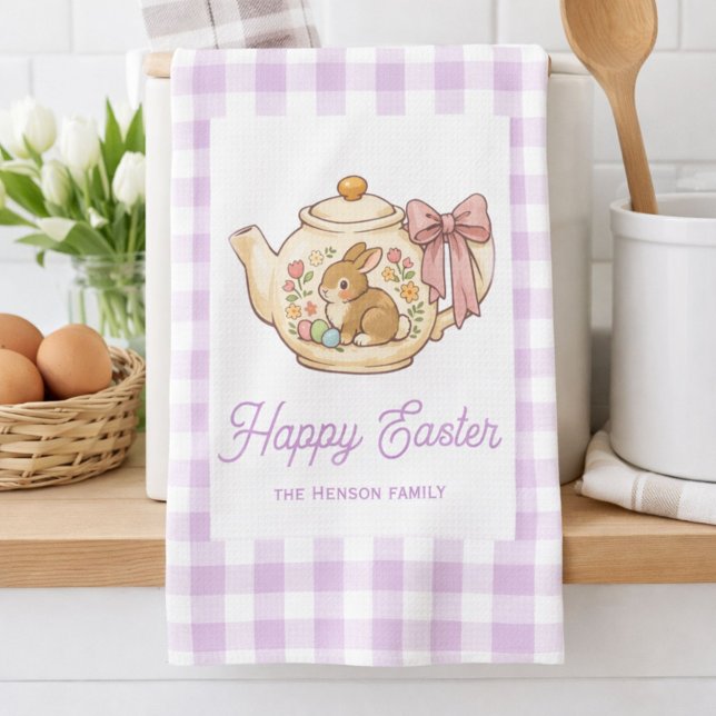 Personalized Easter Bunny Teapot Gingham Family Kökshandduk (Skapare uppladdad)