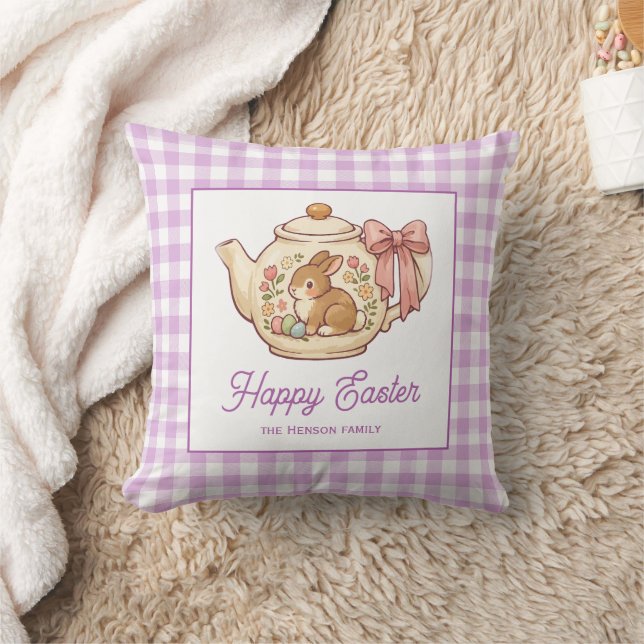 Personalized Easter Bunny Teapot Gingham Family Kudde (Filt)