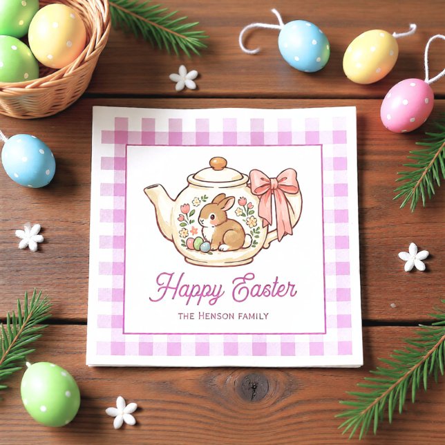 Personalized Easter Bunny Teapot Gingham Family Pappersservett (Skapare uppladdad)
