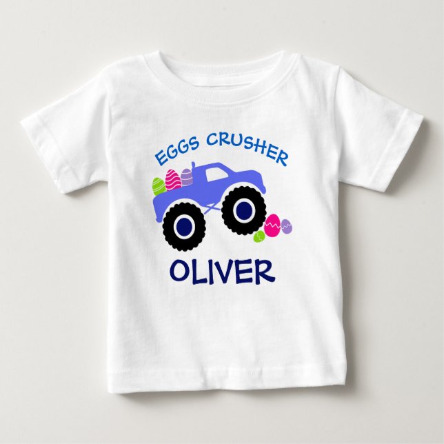 Personalized “Eggs Crusher” Monster Truck Easter T Shirt (Framsida)
