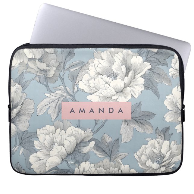 Personalized Elegant Blue and Cream Peony Floral  Laptop Fodral (Framsidan)