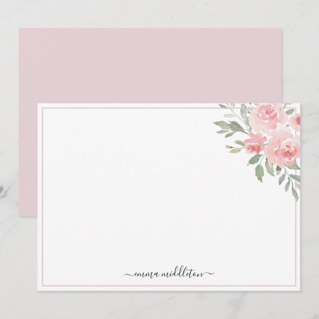 Personalized Elegant Blush Pink Roses and Greenery Anteckningskort (Fram/baksida)