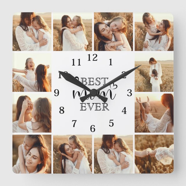 Personalized Elegant Cute Family 12 Photo Collage Fyrkantig Klocka (Framsida)