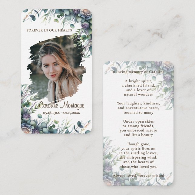 Personalized Elegant Floral Photo Memorial Card Anteckningskort (Fram/baksida)