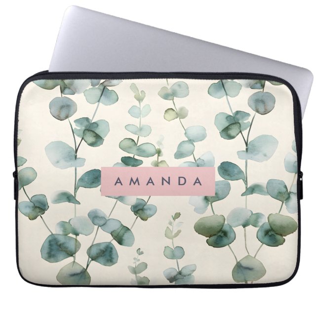 Personalized Elegant Pastel Eucalyptus Leaves Laptop Fodral (Framsidan)