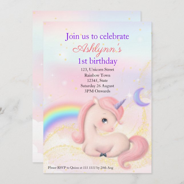 Personalized Elegant Pink Watercolour Unicorn Inbjudningar (Fram/baksida)