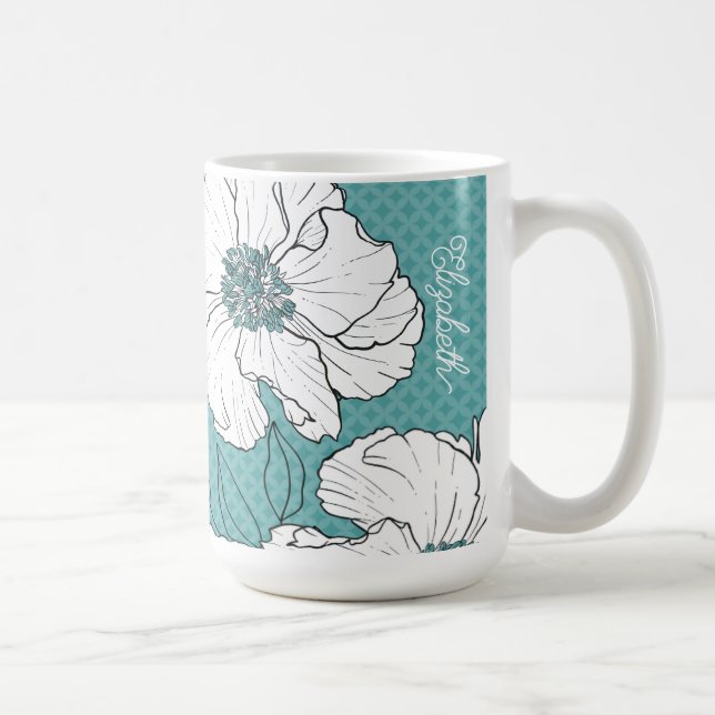 Personalized Elegant White Florals on Teal Kaffemugg (Höger)