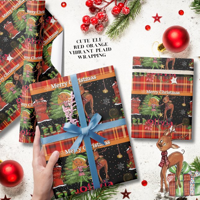 Personalized Elf Girl Name Christmas | Red Plaid Presentpapper (Personalized Elf Girl Name Christmas  Red Plaid Wrapping Paper)