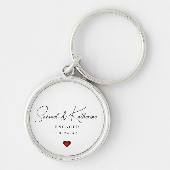 Personalized Engagement Date White Heart Script Rund Silverfärgad Nyckelring (Framsidan)