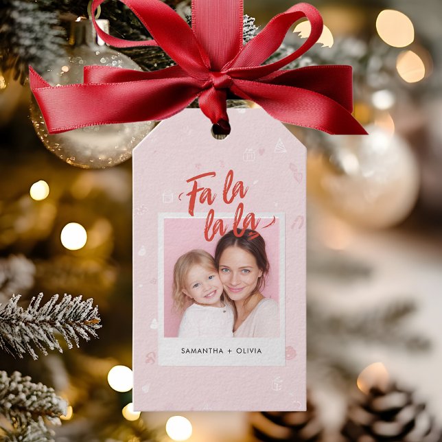 Personalized Fa La La La Pink Christmas Photo Presentetikett (Skapare uppladdad)