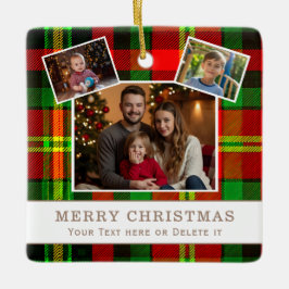 Personalized Family 3 Photo Green Plaid Christmas  Julgransprydnad Keramik