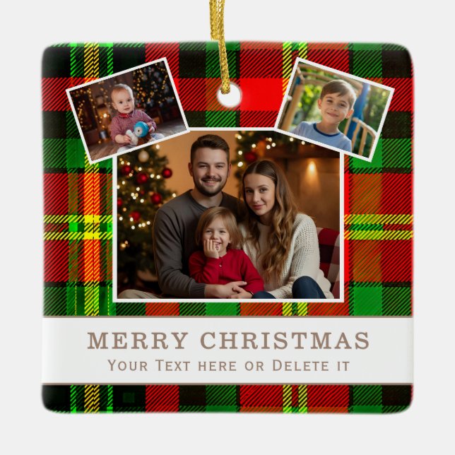 Personalized Family 3 Photo Green Plaid Christmas  Julgransprydnad Keramik (Framsida)