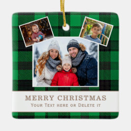 Personalized Family 3 Photo Green Plaid Christmas  Julgransprydnad Keramik