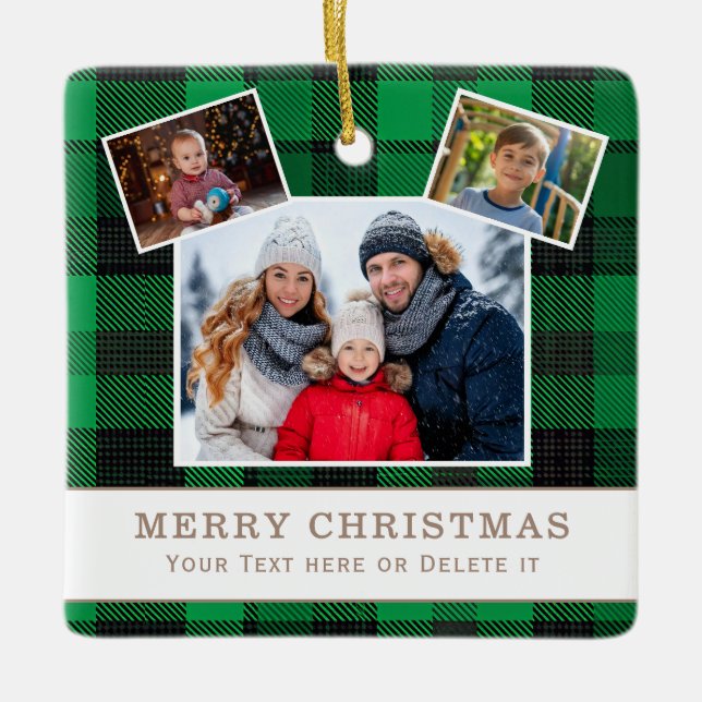 Personalized Family 3 Photo Green Plaid Christmas  Julgransprydnad Keramik (Framsida)