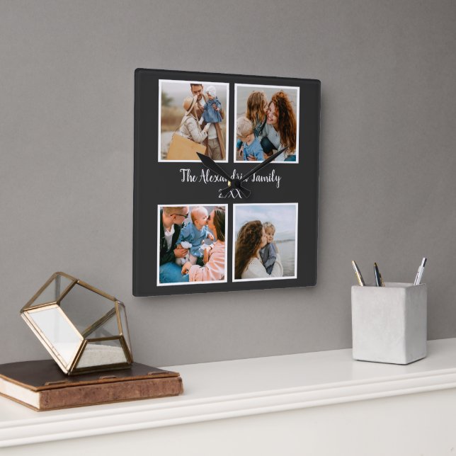 Personalized family 4 photo collage template fyrkantig klocka (Kontor)
