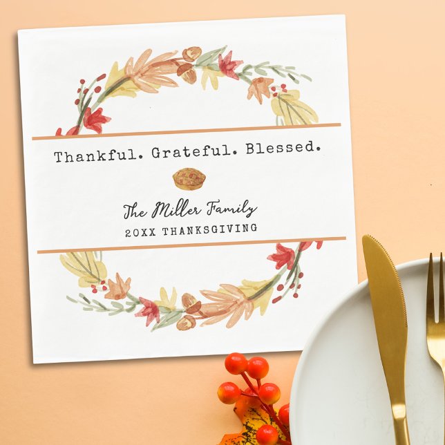 Personalized Family Name Custom Fall Thanksgiving Pappersservett (Personalized Thanksgiving Napkin | Thankful Grateful Blessed Custom Family Name Fall Table Setting)