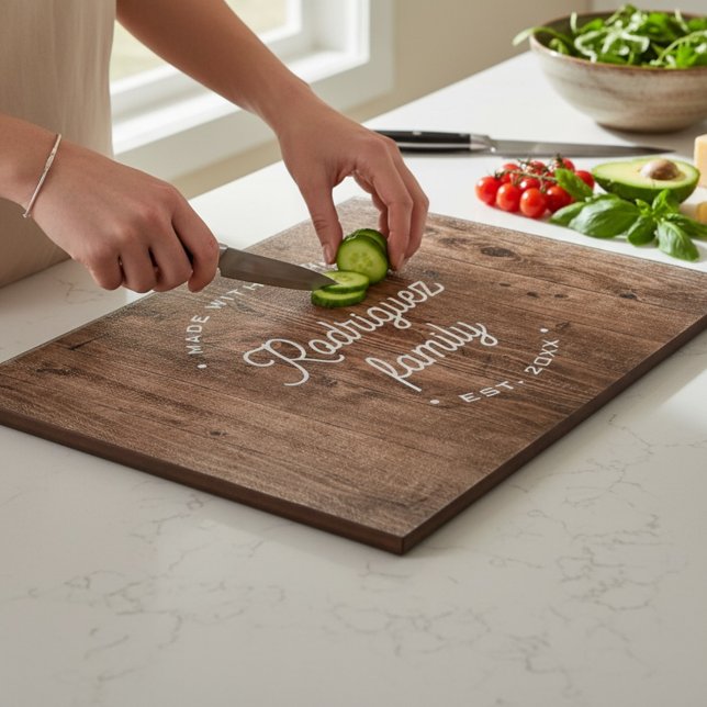 Personalized Family Name est. year faux wood (Custom family name and year faux wood glass cutting board )
