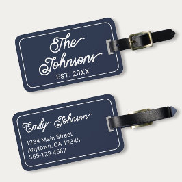 Personalized Family Name in Elegant Script Navy Bagagebricka